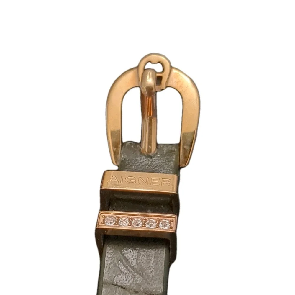 Pre-owned‎ Aigner Golden Tone Green Leather Designer Bracelet With Rhinestone